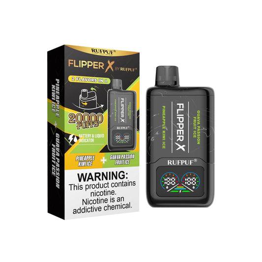 FLIPPER X BY RUFPUF DISPOSABLE VAPE - GUAVA PASSION FRUIT ICE + PINEAPPLE KIWI ICE - 20000 PUFFS (50MG)