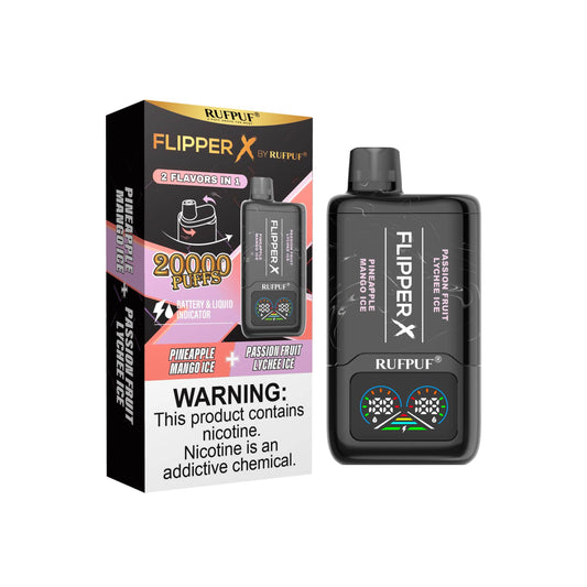 FLIPPER X BY RUFPUF DISPOSABLE VAPE - PASSION FRUIT LYCHEE ICE + PINEAPPLE MANGO ICE - 20000 PUFFS (50MG)