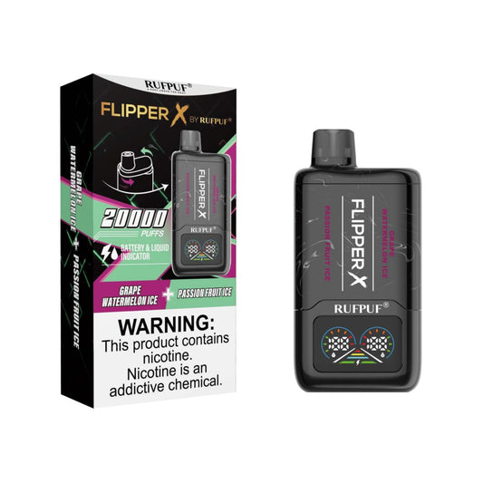 FLIPPER X BY RUFPUF DISPOSABLE VAPE - PASSION FRUIT ICE + GRAPE WATERMELON ICE - 20000 PUFFS (50MG)