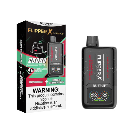 FLIPPER X BY RUFPUF DISPOSABLE VAPE - STRAWBERRY WATERMELON KIWI ICE + GRAPE CHERRY ICE - 20000 PUFFS (50MG)