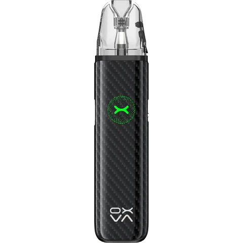 Black vape device with a green logo on a white background