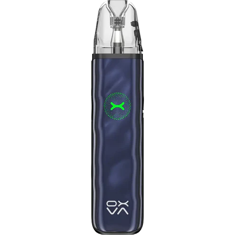 Blue vape device with a logo on a white background