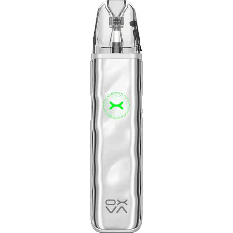Clear vaping device with a green logo on a white background