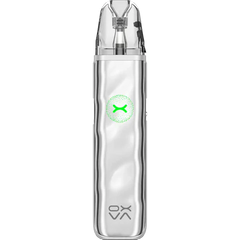 Clear vaping device with a green logo on a white background