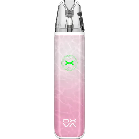 Pink and clear vape device with brand logo on a white background