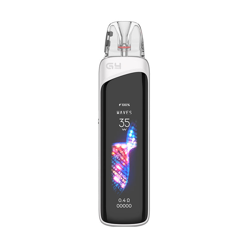Vaping device with digital display on a white background