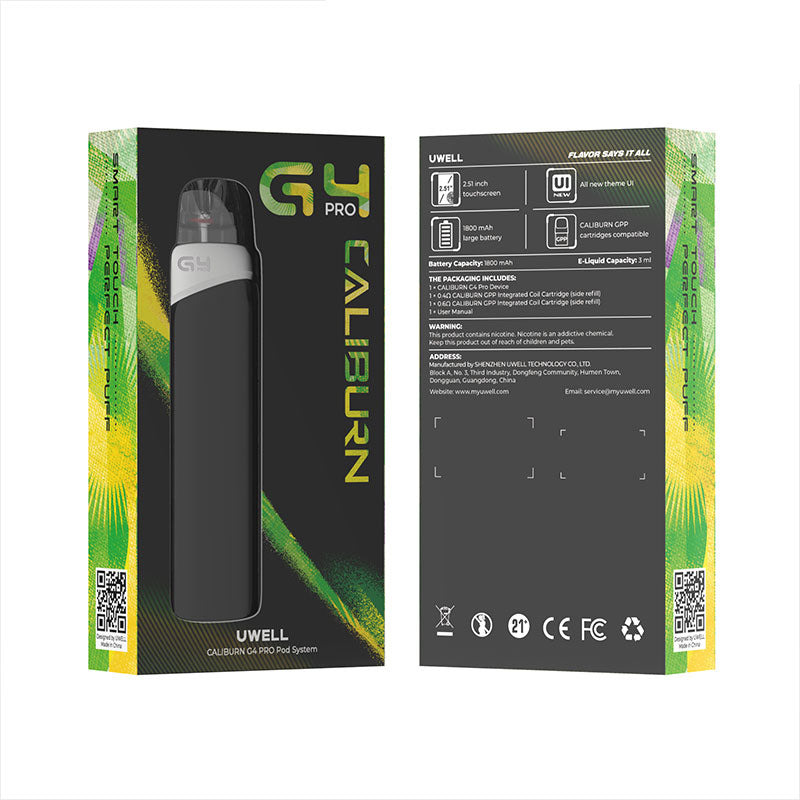 Uwell Caliburn G4 Pro packaging with front and back views on a white background