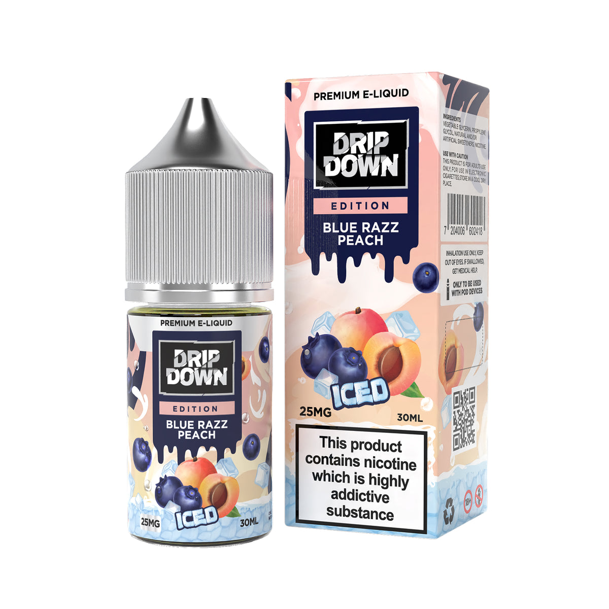 DRIP DOWN EDITION ICE SERIES NIC SALT – BLUE RAZZ PEACH ICE – 30ML (25MG-50MG)