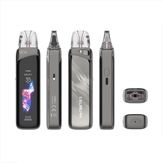 Caliburn vaping device with multiple components on a white background